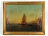 a painting of a sailboat in a harbor at sunset
