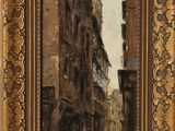 une image représentant une peinture d'une rue de ville avec des bâtiments en arrière-plan