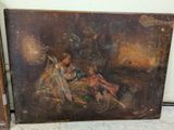 an old painting of a woman and child sitting on a couch