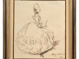 a drawing of a woman in a dress sitting on a chair