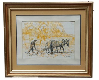 painting of a man plowing a field with two horses
