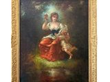 a painting of a woman in a red dress sitting on a rock