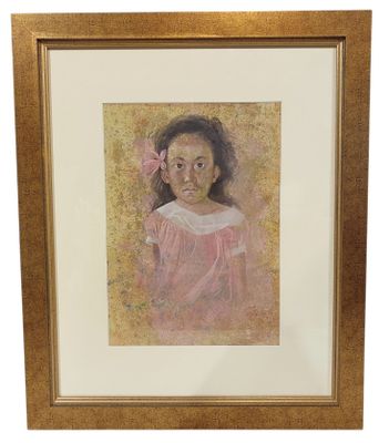 une peinture à l'huile représentant une petite fille vêtue d'une robe rose et d'un nœud rose