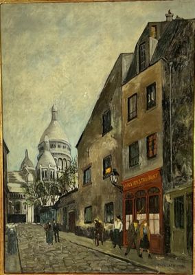 painting of a street scene in paris with a church in the background