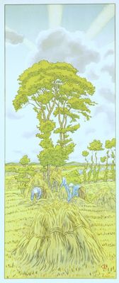 une image représentant un tableau d'éléphants dans un champ, avec un arbre en arrière-plan