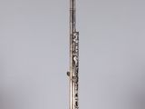 an image of a silver flute on a stand on a gray background