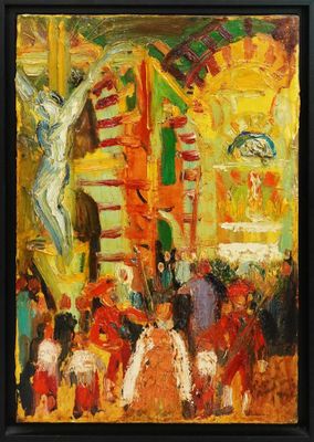 a painting of a painting of people in front of a building