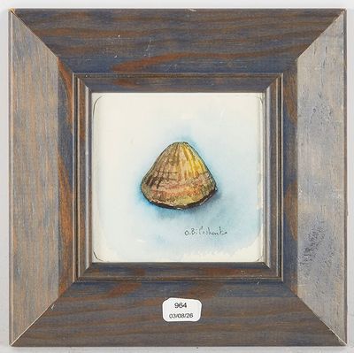 une peinture à l'huile représentant un coquillage, encadrée et accrochée au mur