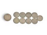 six different types of coins on a white surface