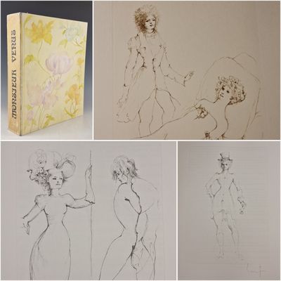 quatre dessins représentant une femme en robe et un homme avec un chapeau