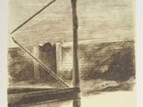 an image of a pencil drawing of a building with a gate