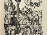 a black and white drawing of a man riding a horse