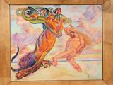 an oil painting of a man playing with a dog on the beach