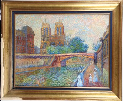 une peinture à l'huile représentant un pont au-dessus d'une rivière, sur lequel se trouvent deux personnes