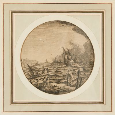 a drawing of a boat in a body of water with a castle in the background