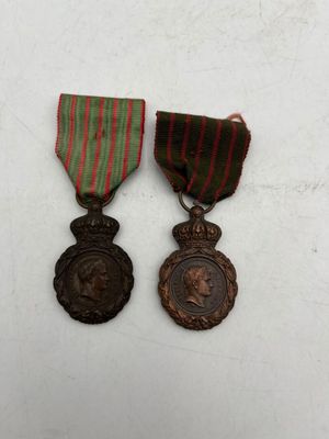 two medals are shown on a white surface with a red and green ribbon