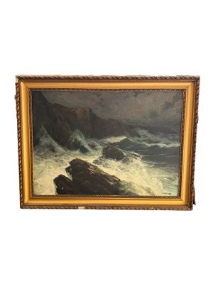 a painting of waves crashing over rocks on a white background
