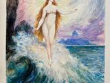 a painting of a woman standing on top of a wave in the ocean