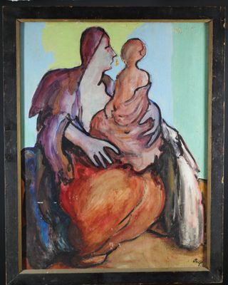 tableau représentant une femme tenant un enfant dans ses bras, dans un cadre noir