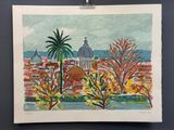 tableau représentant une vue de ville avec des palmiers et des bâtiments