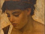 an oil painting of a young girl with a striped hat