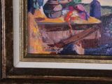 a painting of a woman sitting on a bench