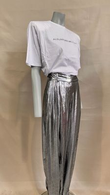 silver metallic plea pants with white t - shirt on mannequin base
