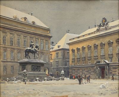 un tableau représentant un homme à cheval au milieu d'une cour