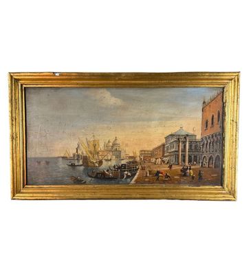 une peinture à l'huile d'une scène portuaire avec des bateaux dans l'eau