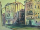 peinture au pastel représentant une scène de rue avec des bâtiments et une tour horloge