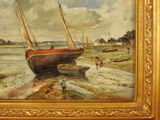 a painting of a sailboat on the shore of the water