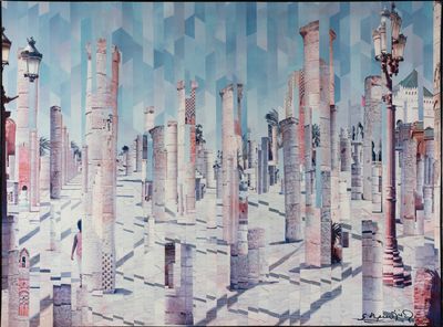 a picture of a painting of a city with many columns