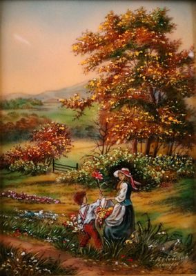 tableau représentant une femme et un enfant dans un champ avec un arbre