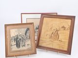 three framed pictures of horses and jockeys on a white background