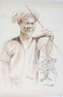 TRAN DAC (1922-1980) Peinture à l’encre sépia sur soie marou…