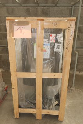 a wooden cabinet that has a glass door on it