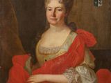 un tableau représentant une femme en robe rouge tenant un foulard rouge