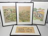 three framed asian paintings of a village and a village scene