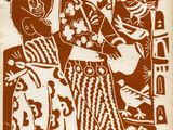 a brown and white drawing of a group of people