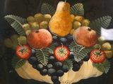 a painting of fruit on a plate with leaves and berries