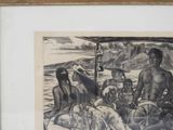a black and white drawing of a group of people on a boat