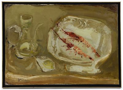 une peinture représentant une assiette de nourriture posée sur une table