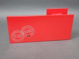 a close up of a red box with a logo on it
