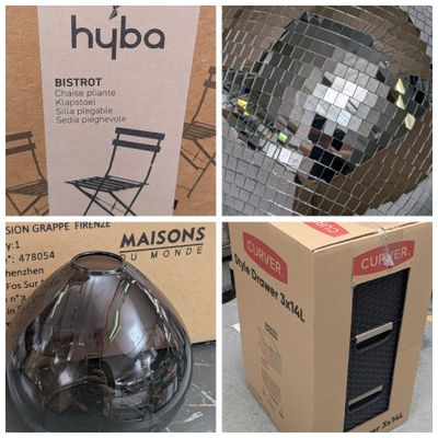 several pictures of a box with a mirror ball inside of it and a box with a chair inside of it