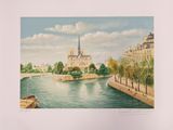 painting of a view of a river with a church in the background