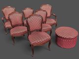 un ensemble composé de six chaises et d'un tabouret à l'assise rembourrée rouge