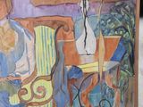 a painting of a woman sitting in a chair next to a vase