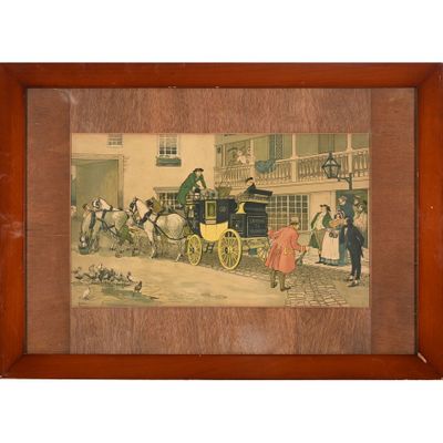 tableau représentant une calèche tirée par des chevaux avec des personnes devant un bâtiment