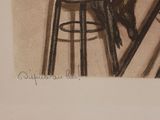 a drawing of a dog sitting on a stool