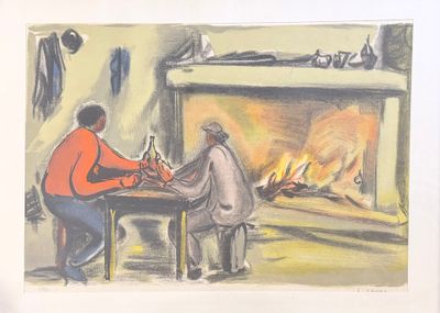 tableau représentant deux hommes assis à une table devant une cheminée